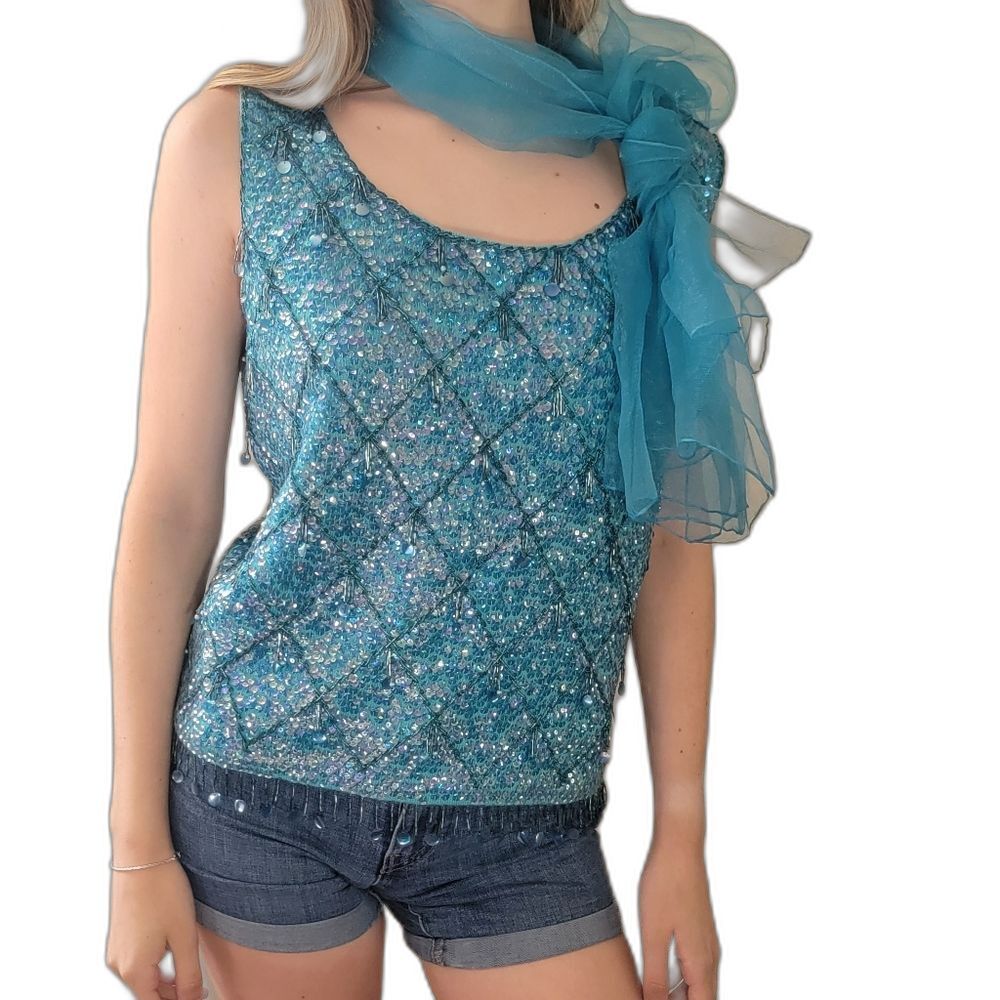 Vintage Womens Marianne Fashions Aqua Blue Size M Medium Hand Beaded Top Tank
